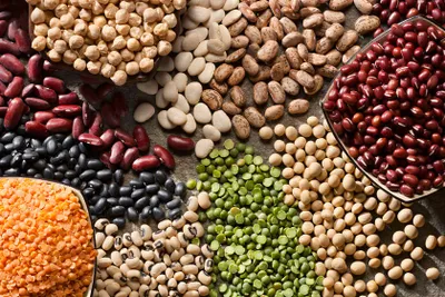 A variety of beans, peas, and lentils on a table.