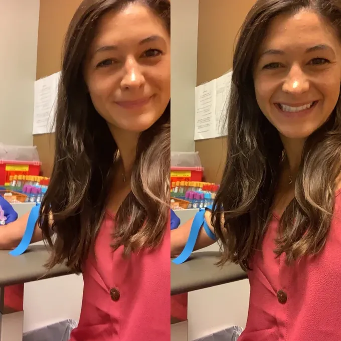 A woman in a pink shirt getting her blood tested - I Went Vegan Keto. Here's What Happened to My Body.